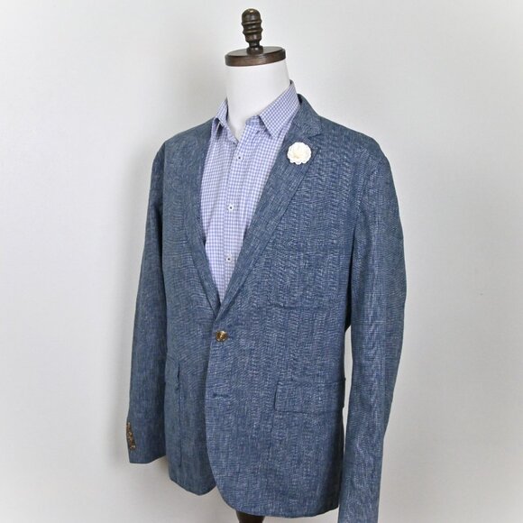 J Crew Linen Blend Vacay Travel Lightweight Boutonniere Easy Care Blue Blazer XL